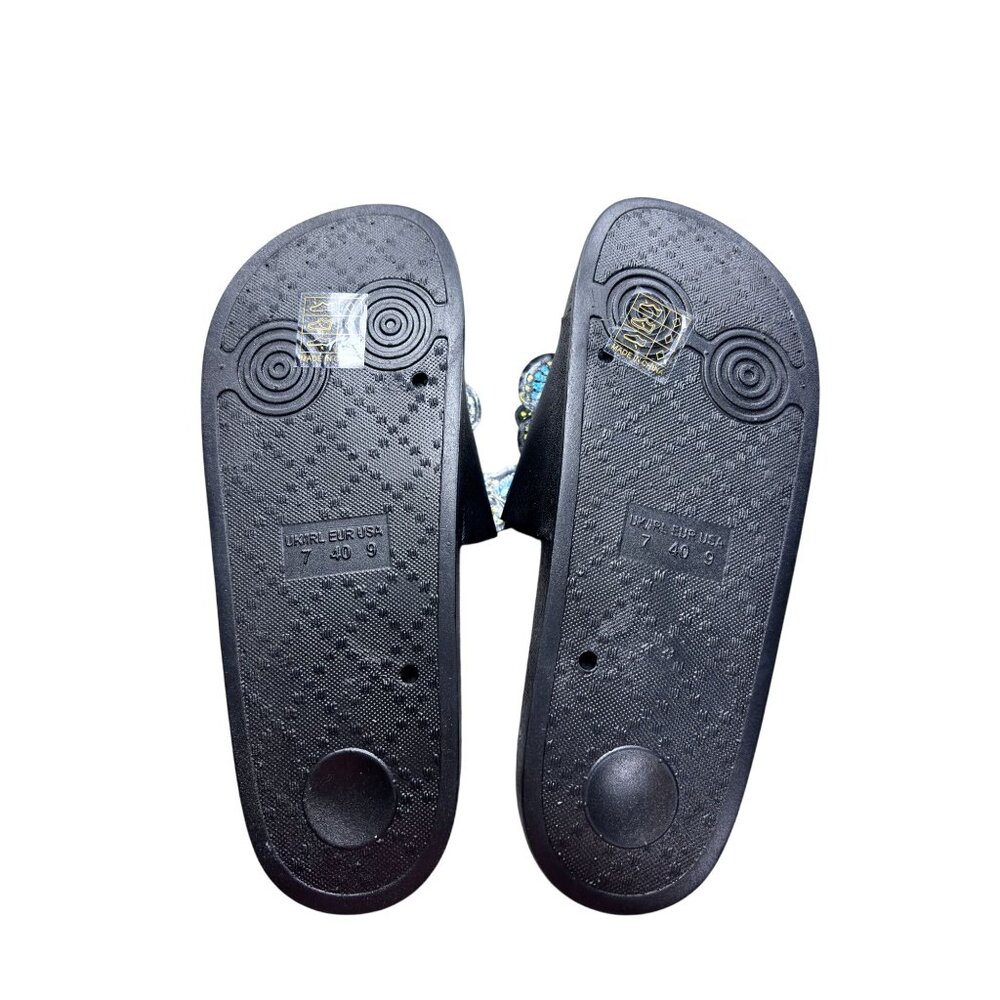 Butterfly Applique Slide Sandals Womens Size 9 Black & Blue - Picture 3 of 8